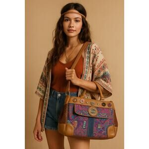 Boho Chic Multicolor Tapestry Handbag Falami Floral Accent Shoulder Bag